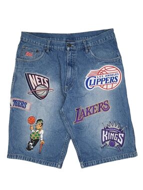Vintage NBA Unk AOP Denim Shorts Basketball Embroidered Patches Mens 36 - RARE